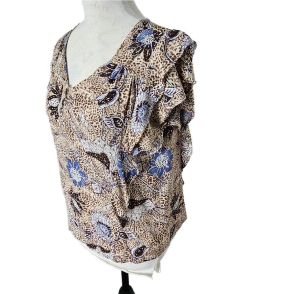 💙Rachel Zoe' blouse blue/ tan ruffles lightweight size small 💙 - Picture 5 of 12
